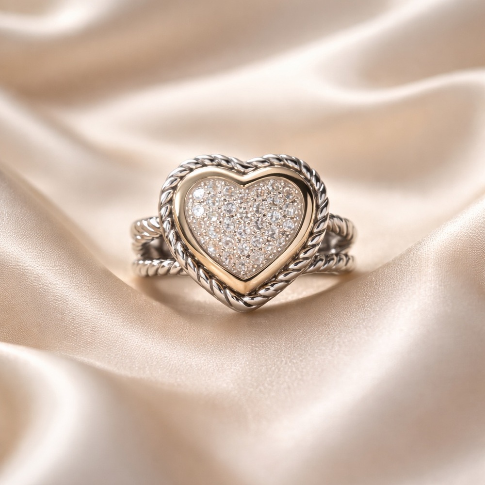 Heart-Shaped Gold and Silver Pave Ring